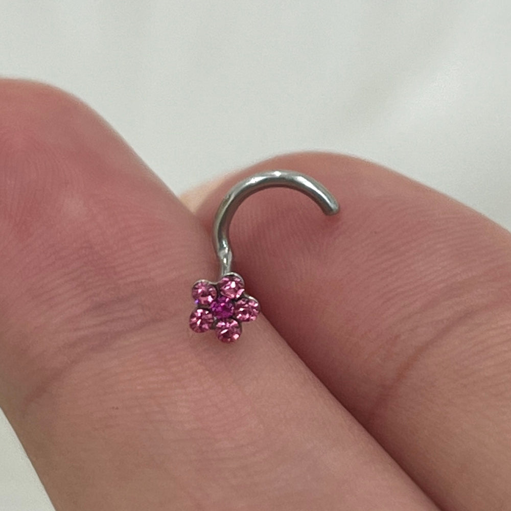 Surgical Steel Corkscrew Nose Ring 18G & 20G 6mm with CZ Flower - photo 7