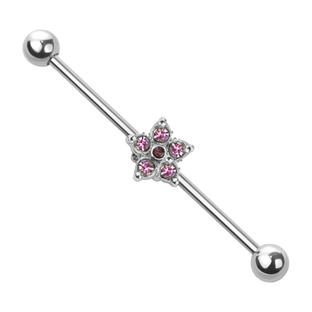 Surgical Steel 14 Gauge Pink CZ Flower Industrial Barbell