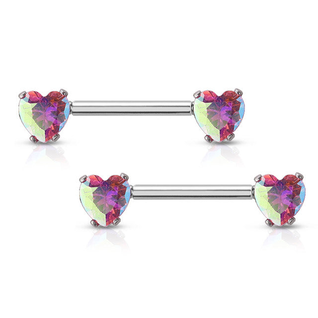 Surgical Steel 14 Gauge Nipple Barbell with CZ Heart Prong Set - Pair - photo 4