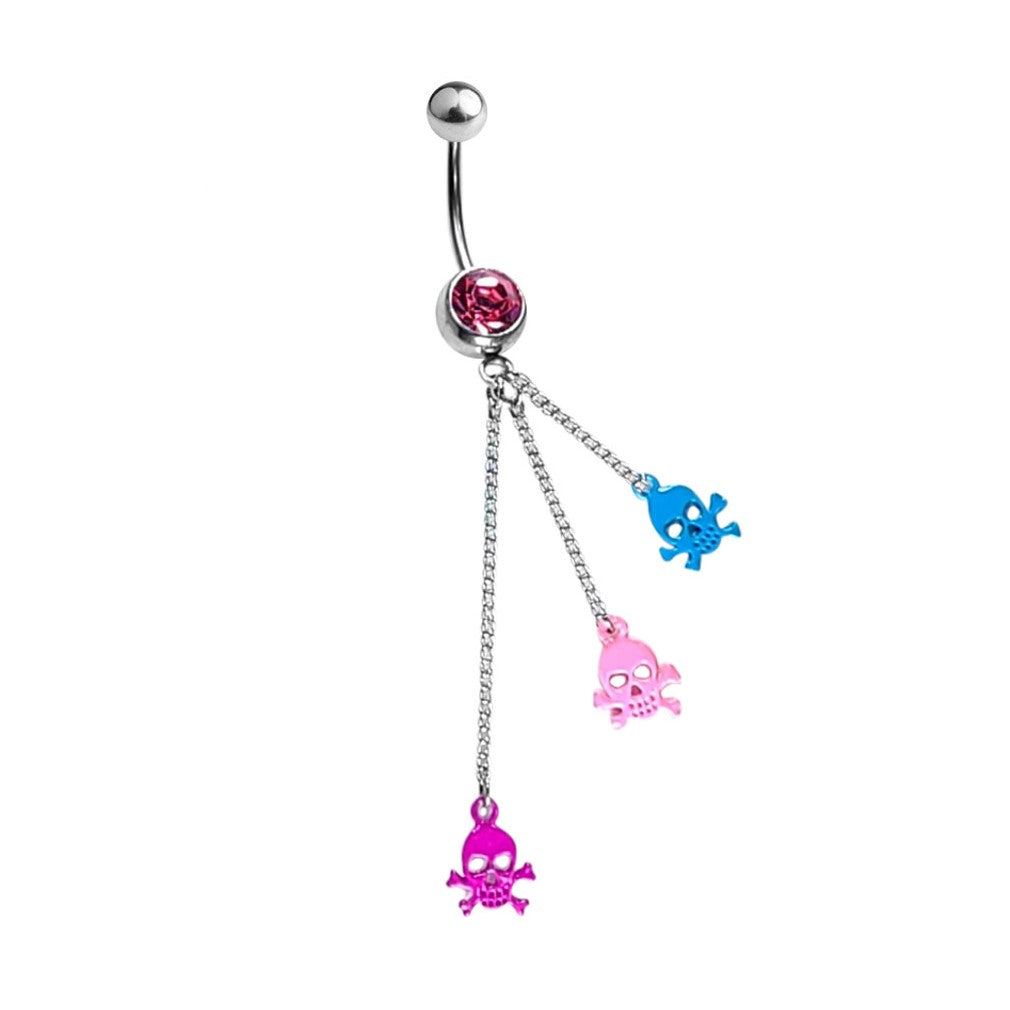 Surgical Steel 14 Gauge Dangle Chain Triple Skull Belly Button Ring