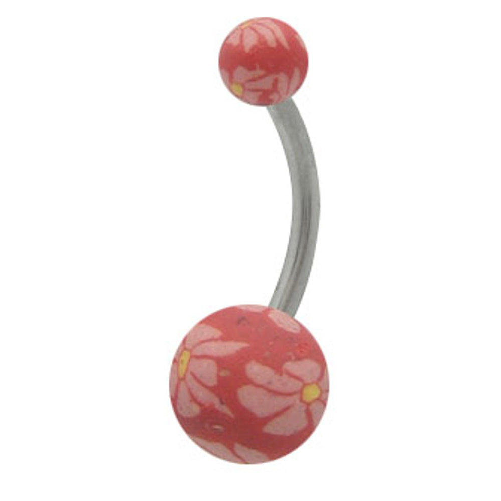 Surgical Steel 14 Gauge Pink Belly Ring with Flower Silicone Ball