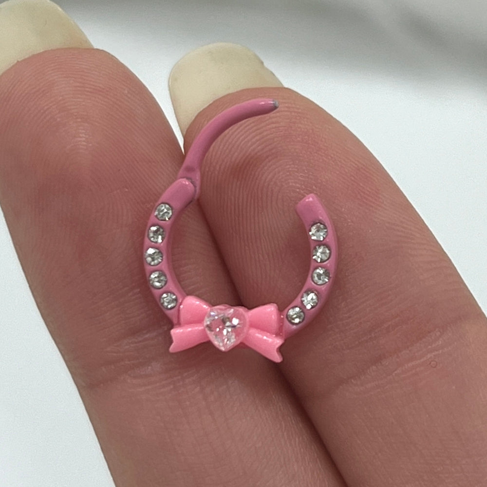 Surgical Steel 16 Gauge Pink Heart Bow CZ Hinged Segment Ring