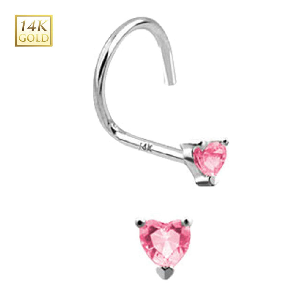 14K White Gold 18 to 20 Gauge Nose Screw with Pink CZ Heart - photo 2
