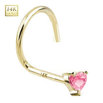 14K Solid Gold 18 to 20 Gauge Nose Screw with Pink CZ Heart