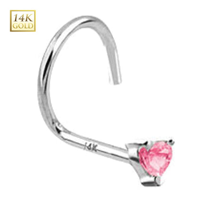14K White Gold 18 to 20 Gauge Nose Screw with Pink CZ Heart