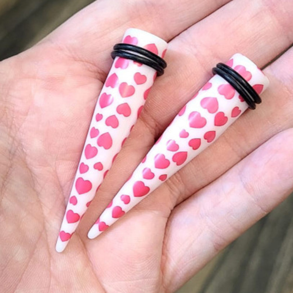 Acrylic 6G to 1/2" Pink Hearts White Ear Tapers Kit - 12 Pack