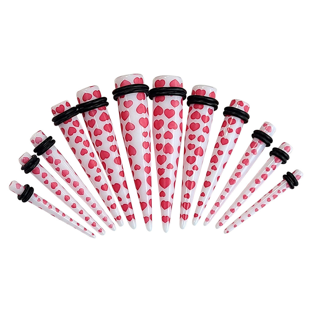 Acrylic 6G to 1/2" Pink Hearts White Ear Tapers Kit - 12 Pack