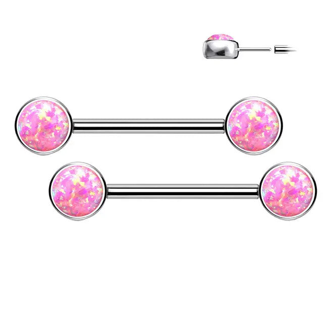 Titanium 14 Gauge Nipple Barbell with Bezel Opal - Pair - photo 5