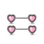 Surgical Steel 14G Glitter Opal Antique Heart Nipple Barbell - Pair
