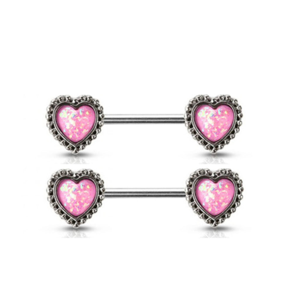 Surgical Steel 14G Glitter Opal Antique Heart Nipple Barbell - Pair