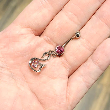 Surgical Steel 14 Gauge Belly Ring with Paved CZ Swan Dangle - photo 5
