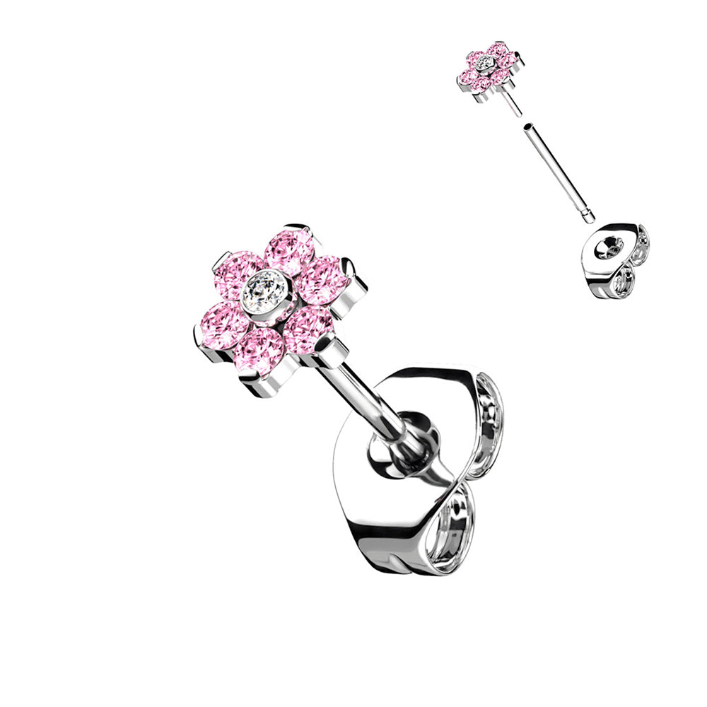 Titanium 20 Gauge CZ Flower End Earring Studs - Pair