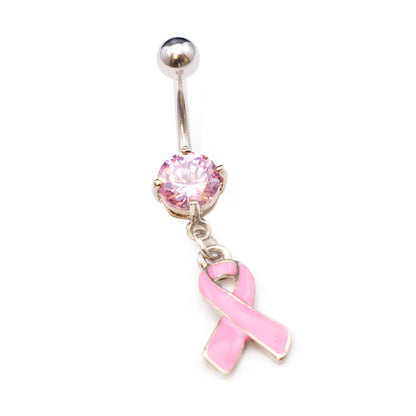 Surgical Steel 14 Gauge Pink Ribbon Belly Ring with Prong CZ