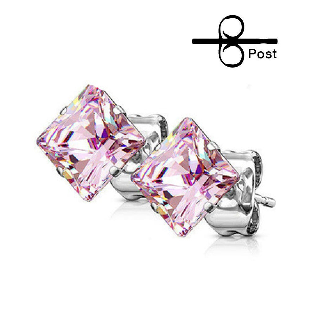 Surgical Steel 22 Gauge Prong Square CZ Stud Earrings - Pair - photo 6