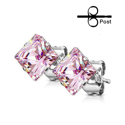 Surgical Steel 22 Gauge Prong Square CZ Stud Earrings - Pair - photo 6