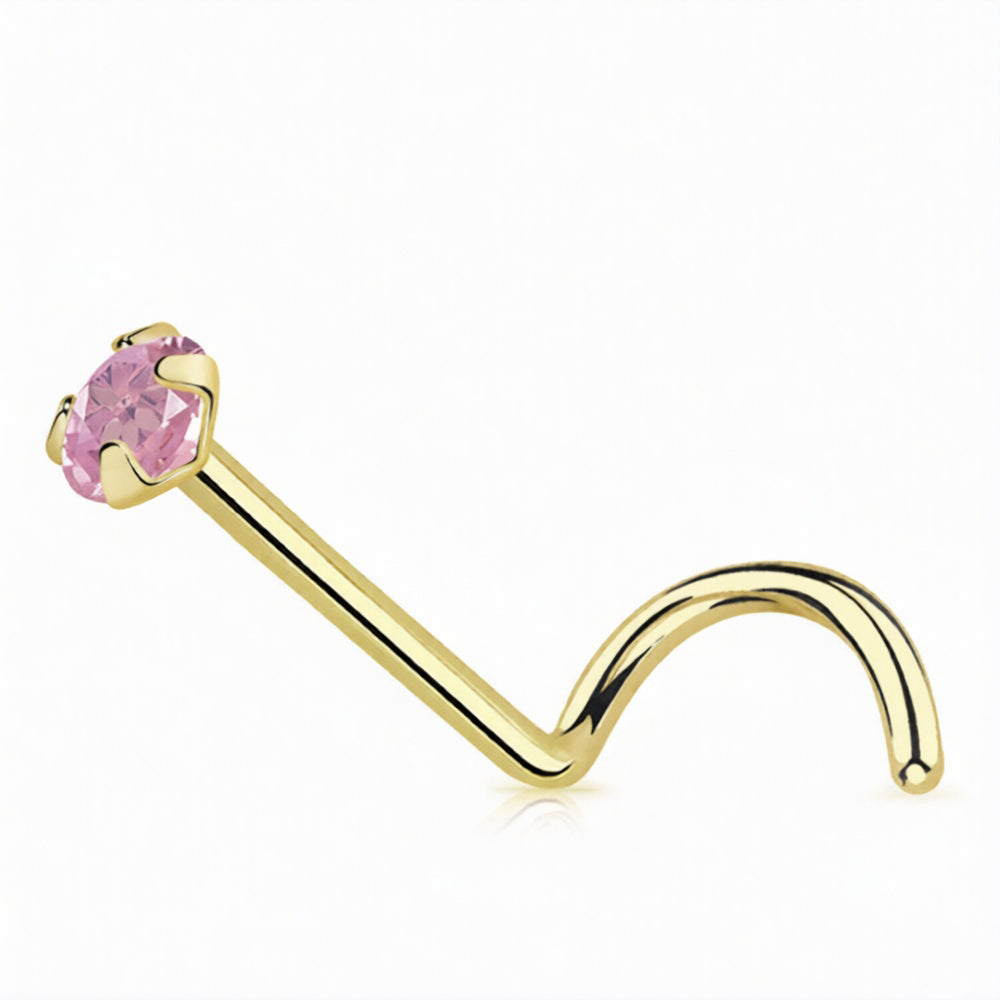 14 Karat Solid Gold 22 Gauge Nose Ring Screw with CZ Gem