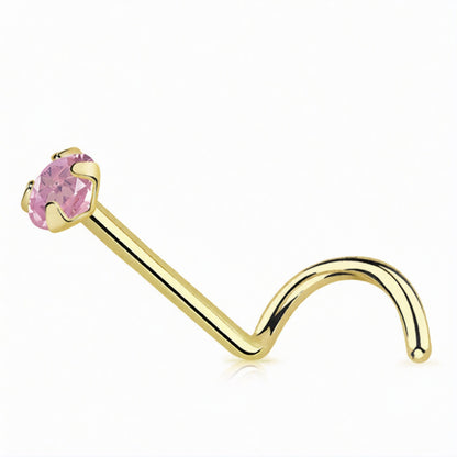 14 Karat Solid Gold 22 Gauge Nose Ring Screw with CZ Gem