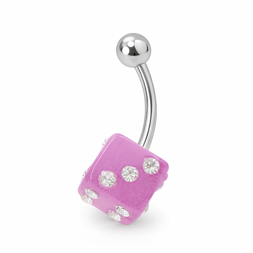 Surgical Steel 14 Gauge Belly Ring with Pink UV Acrylic Dice