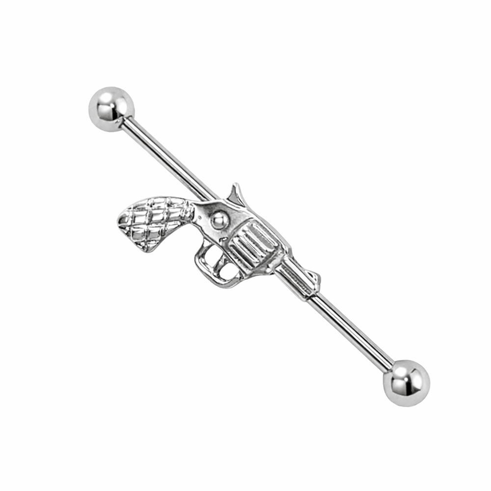 Surgical Steel 14 Gauge Industrial Barbell with Revolver Pistol