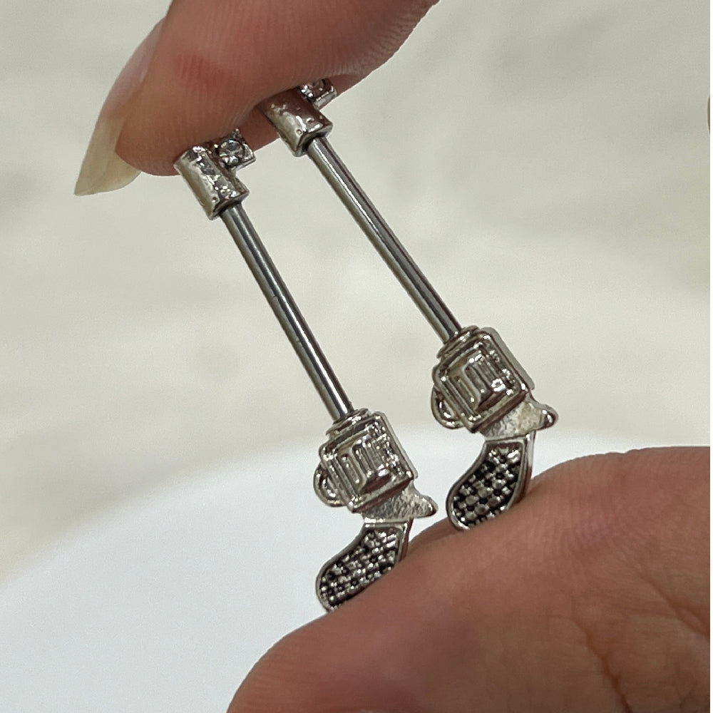Surgical Steel 14 Gauge Nipple Barbell CZ with Revolver Pistol - Pair - photo 2