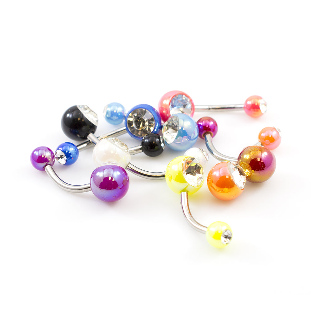 Acrylic 14 Gauge Belly Rings Double CZ Balls Assorted - 9 Pack