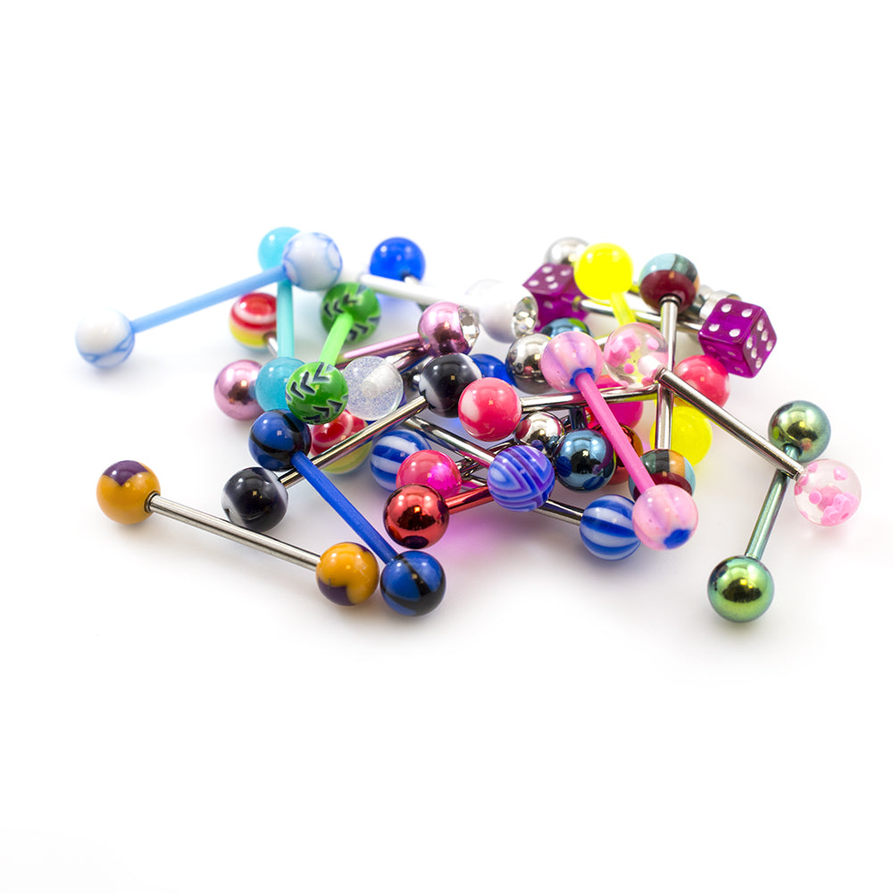 Surgical Steel 14 Gauge Tongue Barbells Randomly Picked - 12 Pack
