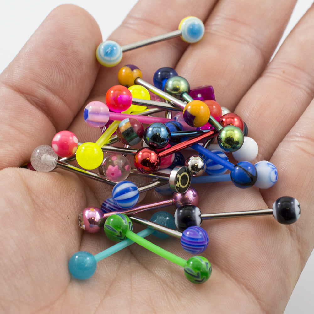 Surgical Steel 14 Gauge Tongue Barbells Randomly Picked - 12 Pack