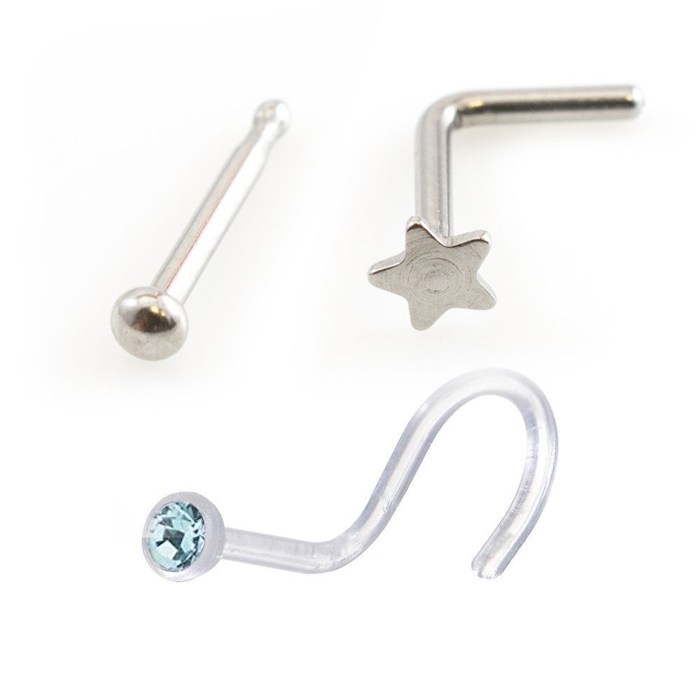 Surgical Steel 22 Gauge Blue CZ Nose Rings Star, Bone & Screw - 3 Pack
