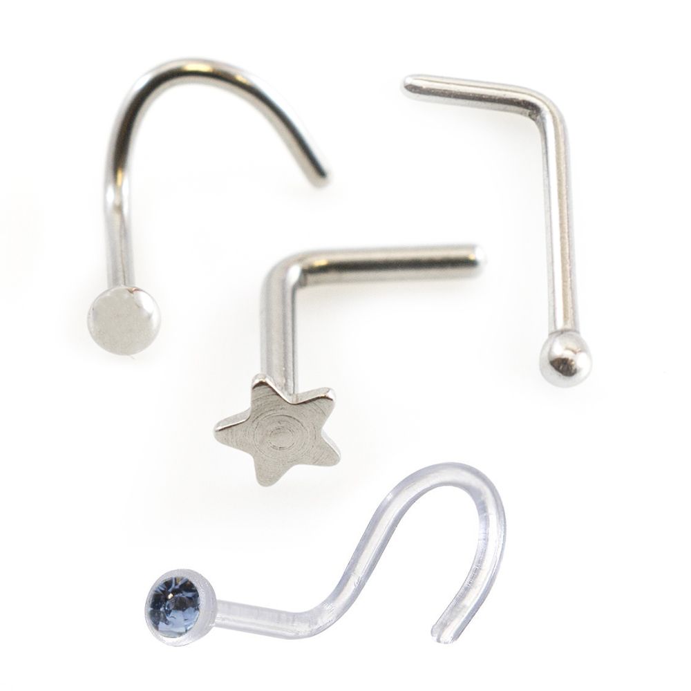 Surgical Steel 22 Gauge CZ Nose Rings Assorted Styles - 4 Pack