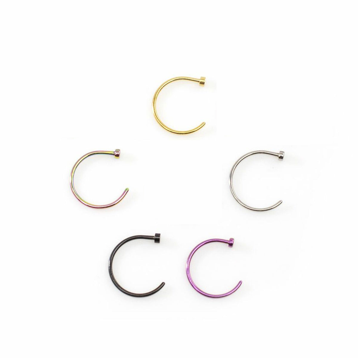 Anodized Titanium 18 & 20 Gauge Nose Rings with Gems - 5 Pack