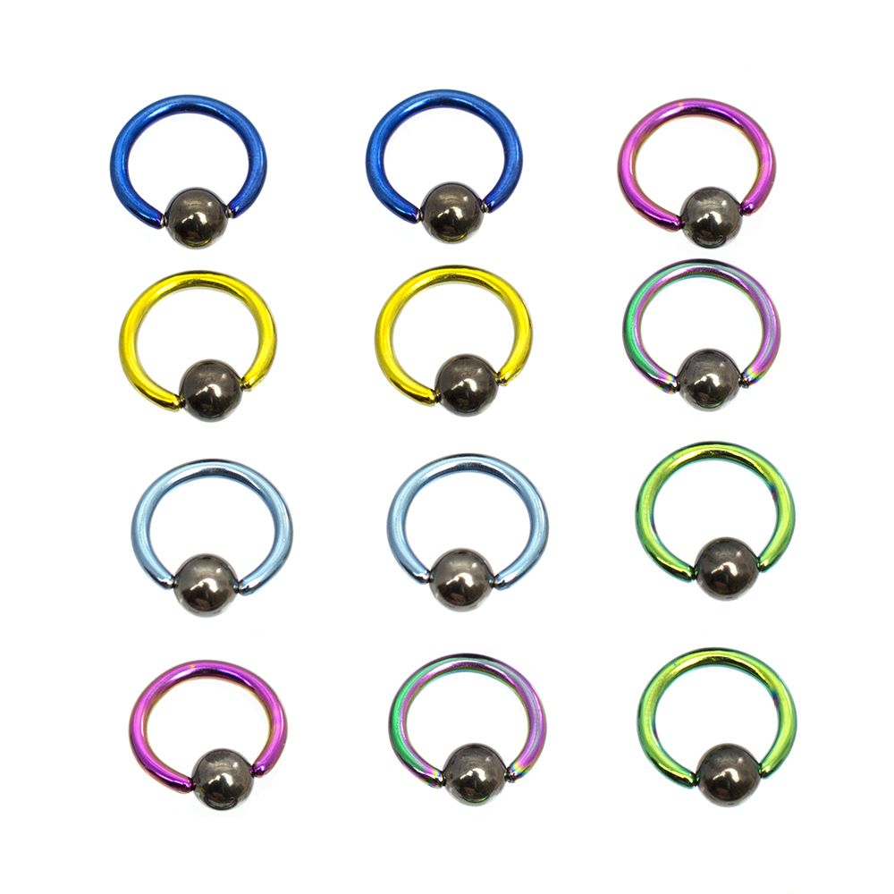 Anodized Titanium 14G Captive Bead Rings Hematite Ball - 12 Pack