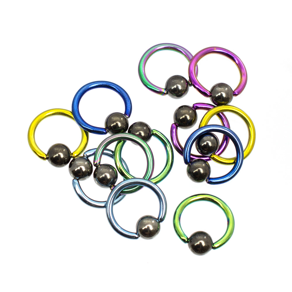 Anodized Titanium 14G Captive Bead Rings Hematite Ball - 12 Pack