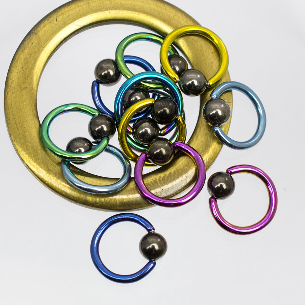 Anodized Titanium 14G Captive Bead Rings Hematite Ball - 12 Pack