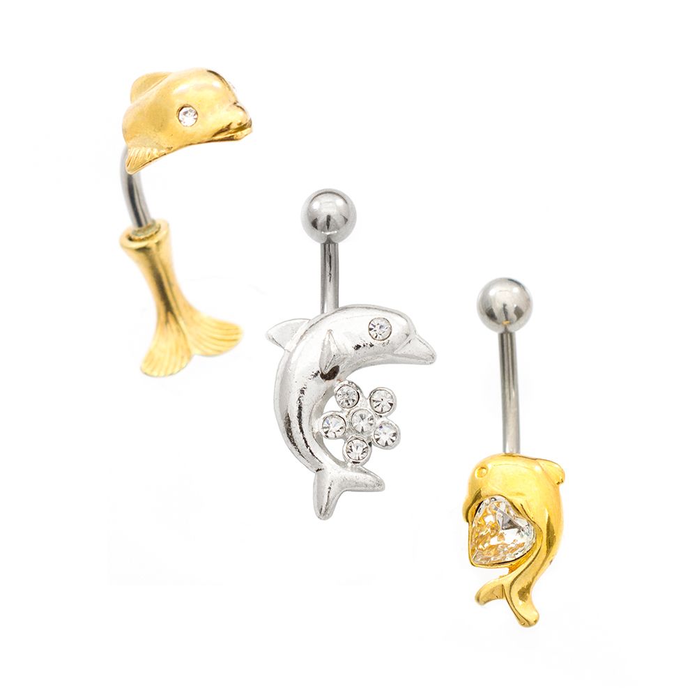 Surgical Steel 14 Gauge Dolphin Design Belly Rings - 3 Pack