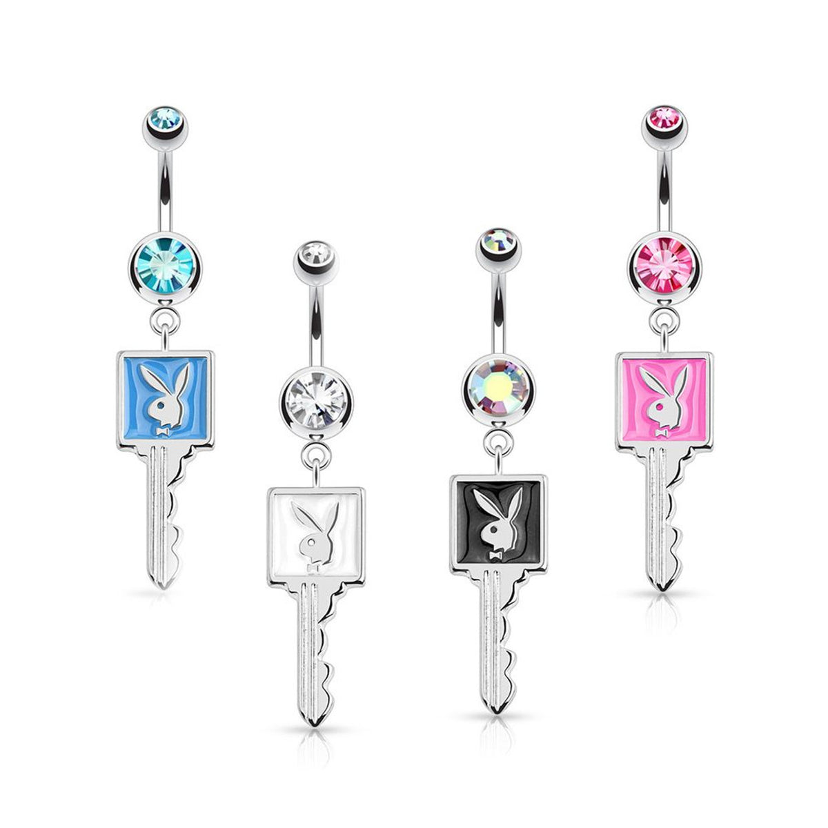 Surgical Steel 14 Gauge Belly Ring with Playboy Bunny Key CZ