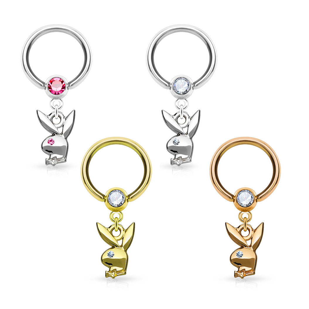 Surgical Steel 16 Gauge Captive Bead Ring with Playboy Dangle CZ