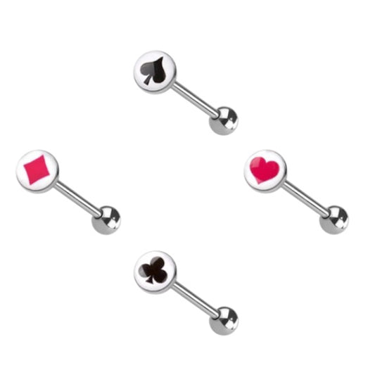 Surgical Steel 14 Gauge Tongue Barbell with Poker Card Logo - 4 Pcs