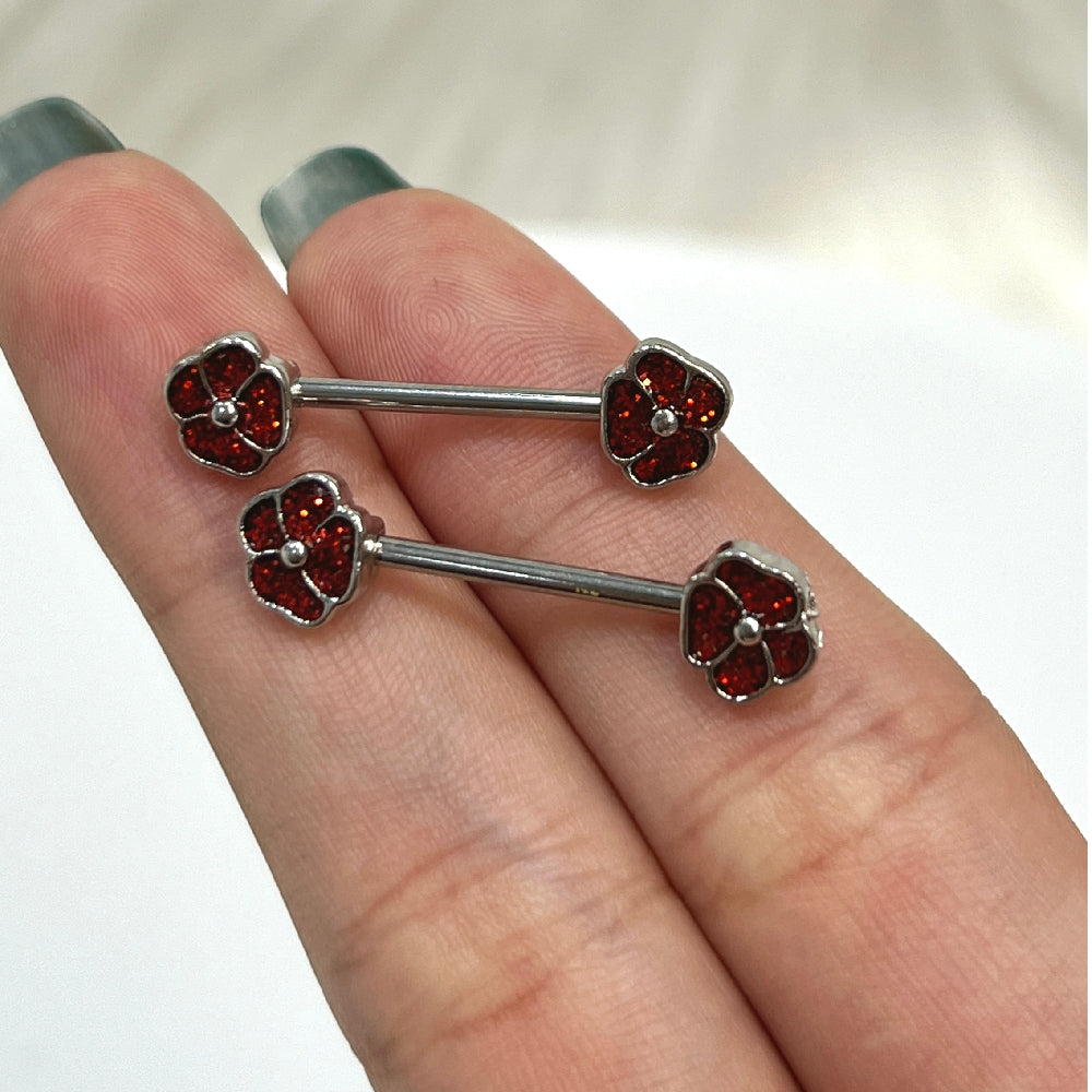 Surgical Steel Nipple Barbell 14G with Red Glitter CZ Poppy - Pair - photo 4