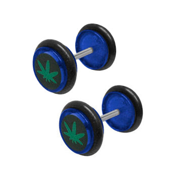 Acrylic 16 Gauge Fake Ear Gauges Plugs Blue with Pot Leaf - Pair