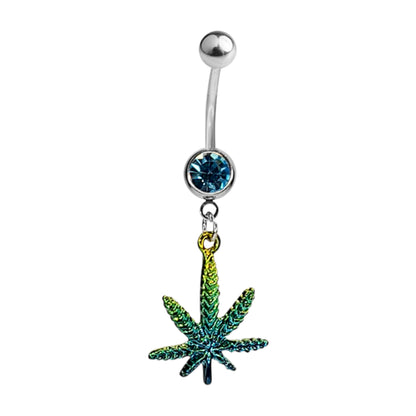 Surgical Steel 14 Gauge Belly Ring with CZ Pot Leaf Dangle