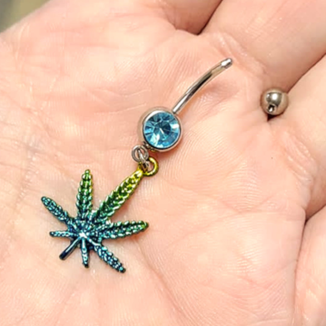 Surgical Steel 14 Gauge Belly Ring with CZ Pot Leaf Dangle - photo 3