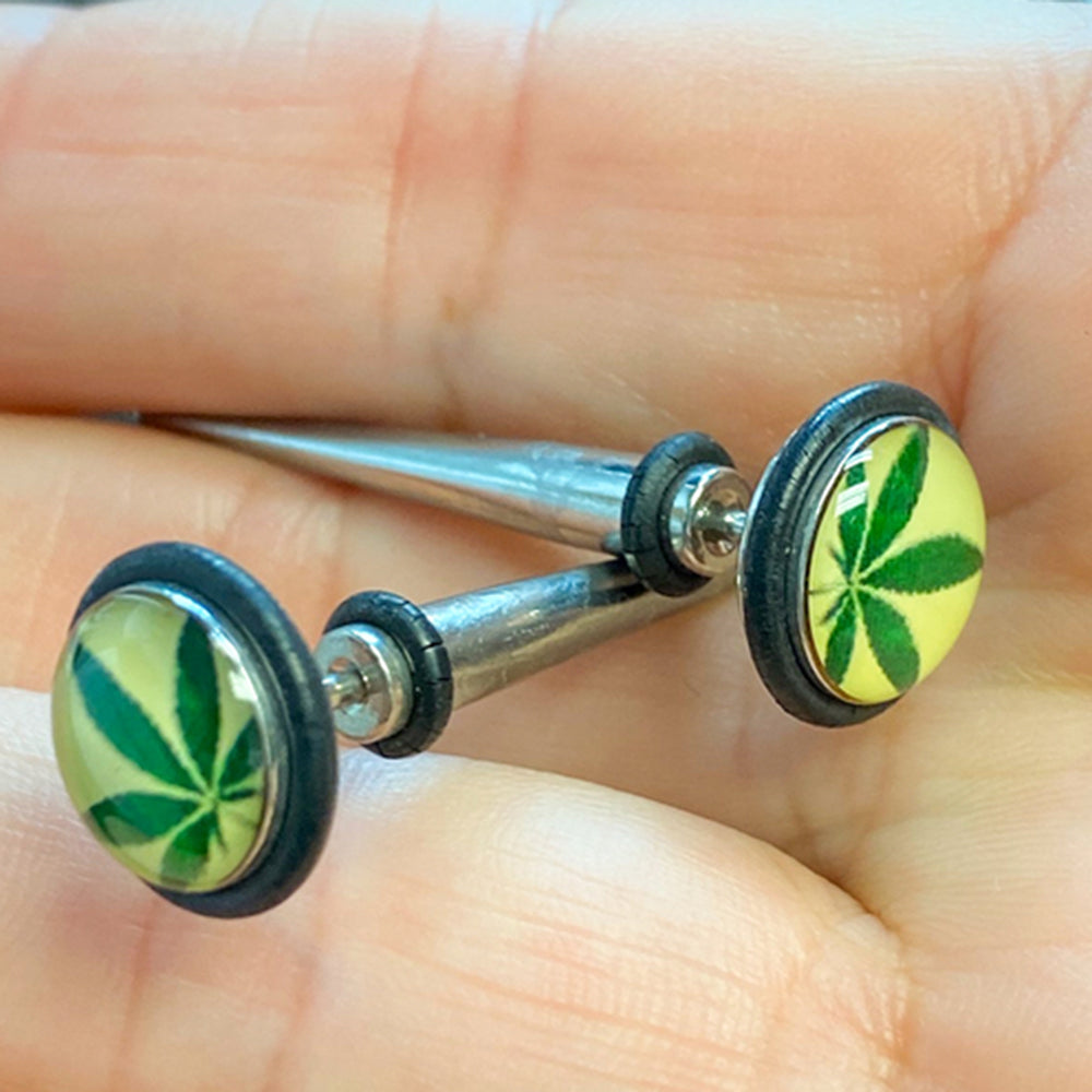 Surgical Steel 16 Gauge Pot Leaf Fake Taper Ear Gauge Earrings - Pair