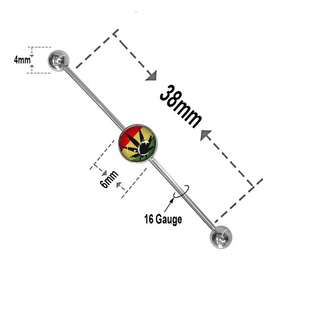 Surgical Steel 16 Gauge Industrial Barbell with Rasta Pot Leaf Logo - photo 2