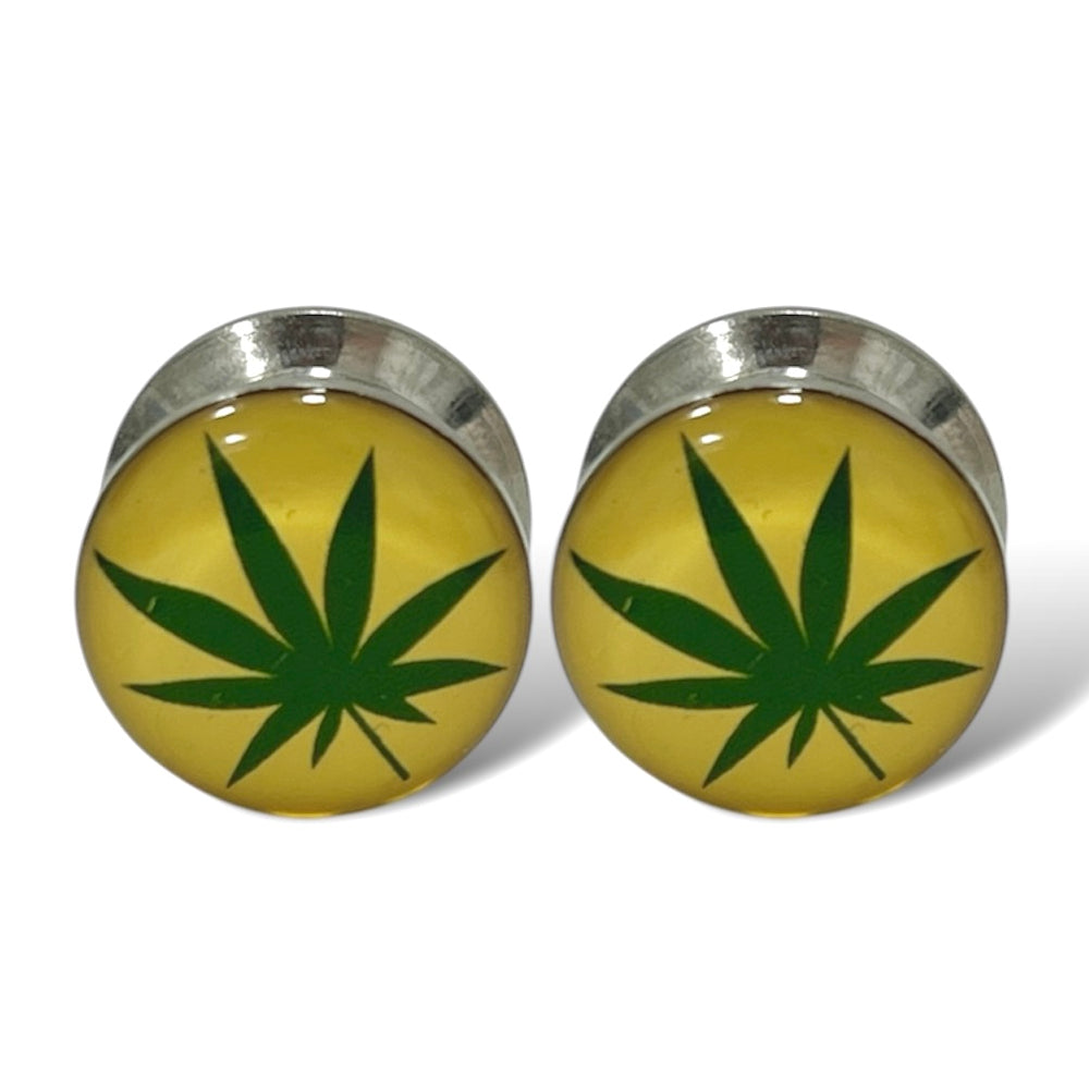 Surgical Steel Pot Leaf Logo Screw Fit Tunnels 4G to 1/2 Inch - Pair