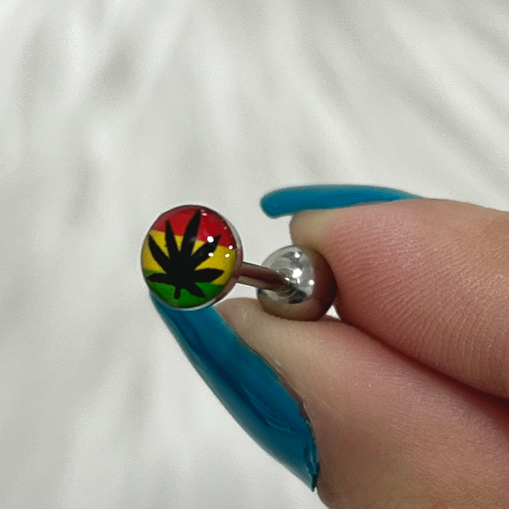 Surgical Steel 14 Gauge Tongue Barbell with Pot Leaf Marijuana Flag - photo 3
