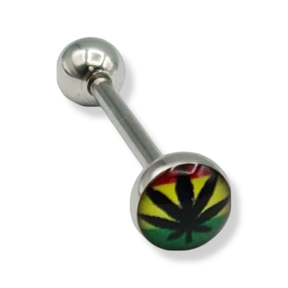Surgical Steel 14 Gauge Tongue Barbell with Pot Leaf Marijuana Flag