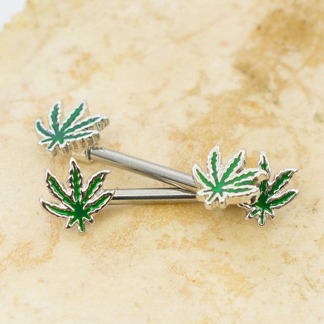 Surgical Steel 14 Gauge Nipple Barbell Green with Pot Leaf - Pair - photo 2