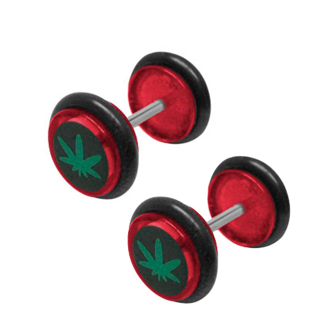 Red Acrylic 16 Gauge Fake Plugs with Pot Leaf - Pair