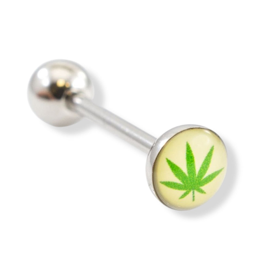 Surgical Steel 14 Gauge 5/8 Inch Tongue Barbell with Pot Leaf Logo