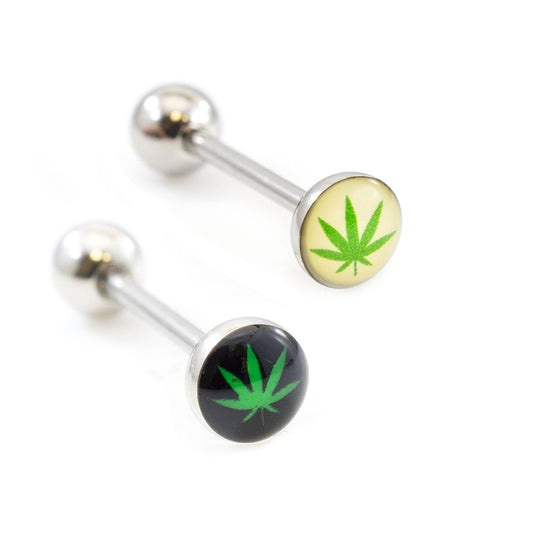 Surgical Steel Tongue Ring Straight Barbell 14 Gauge & Marijuana Leaf